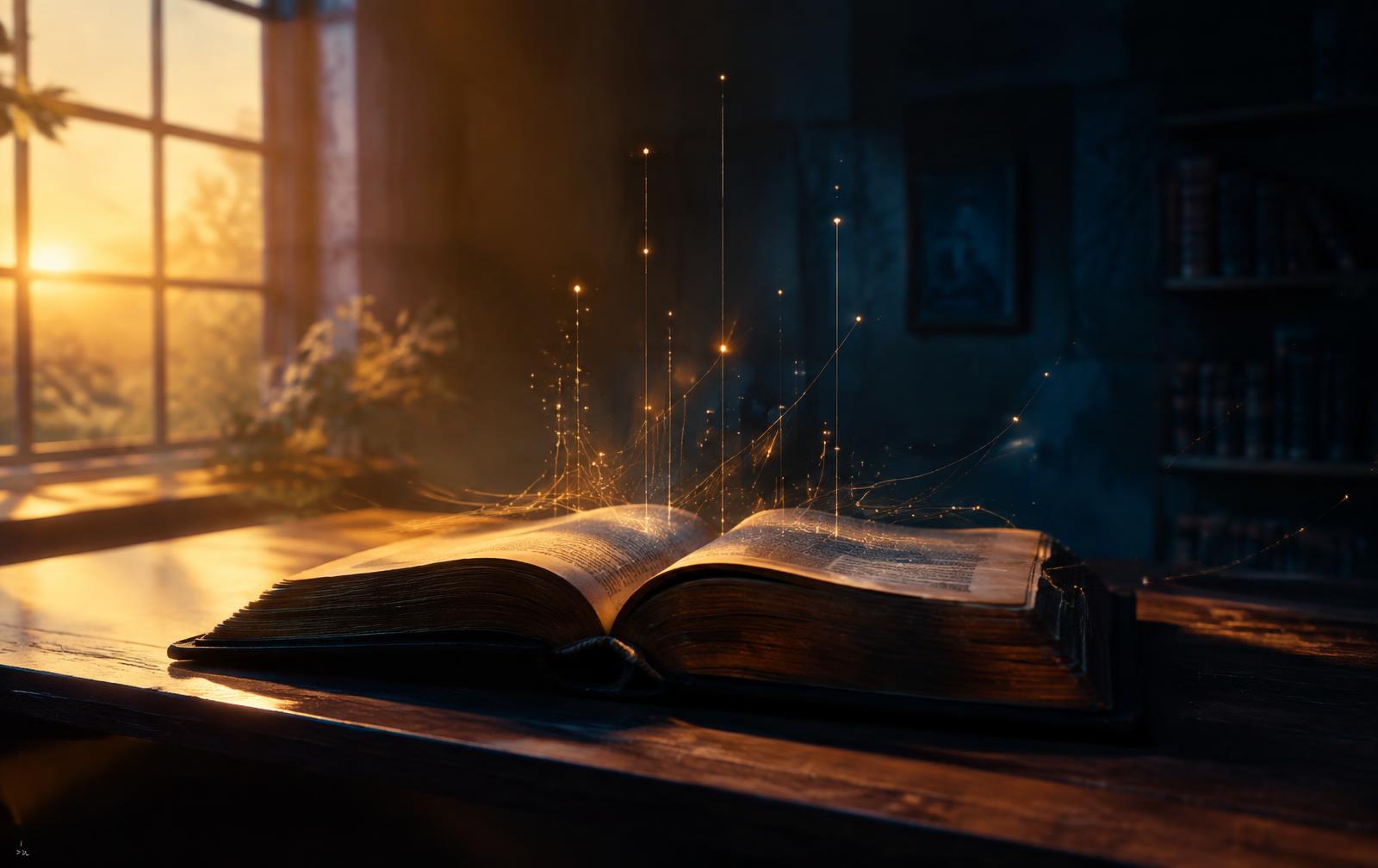An open Bible in morning light